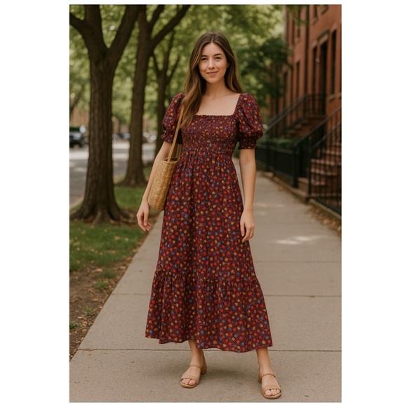 ASOS Burgundy Floral Smocked Puff Sleeve Maxi Dress Sundress Size US 16 - Picture 2 of 10